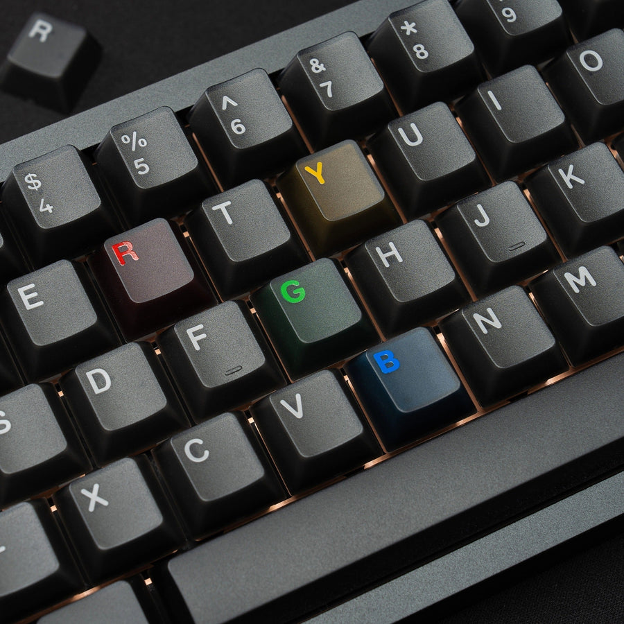 Black keycaps showing the surface finish, white main legends and colored letter accents