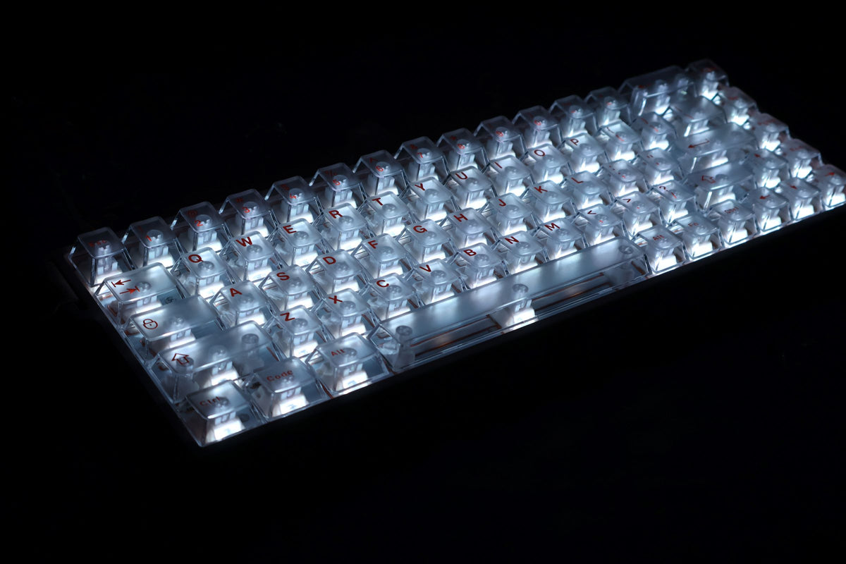 Tinted translucent keycaps with frosted RGB light channels