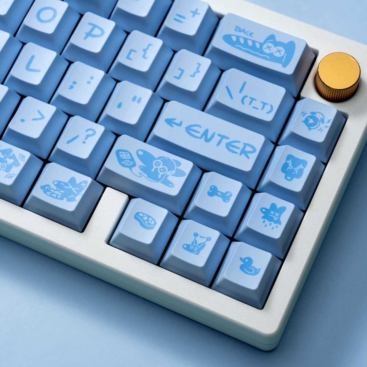 Blue and white Blue Puppy keycaps showing crisp five-sided dye-sublimated legends.