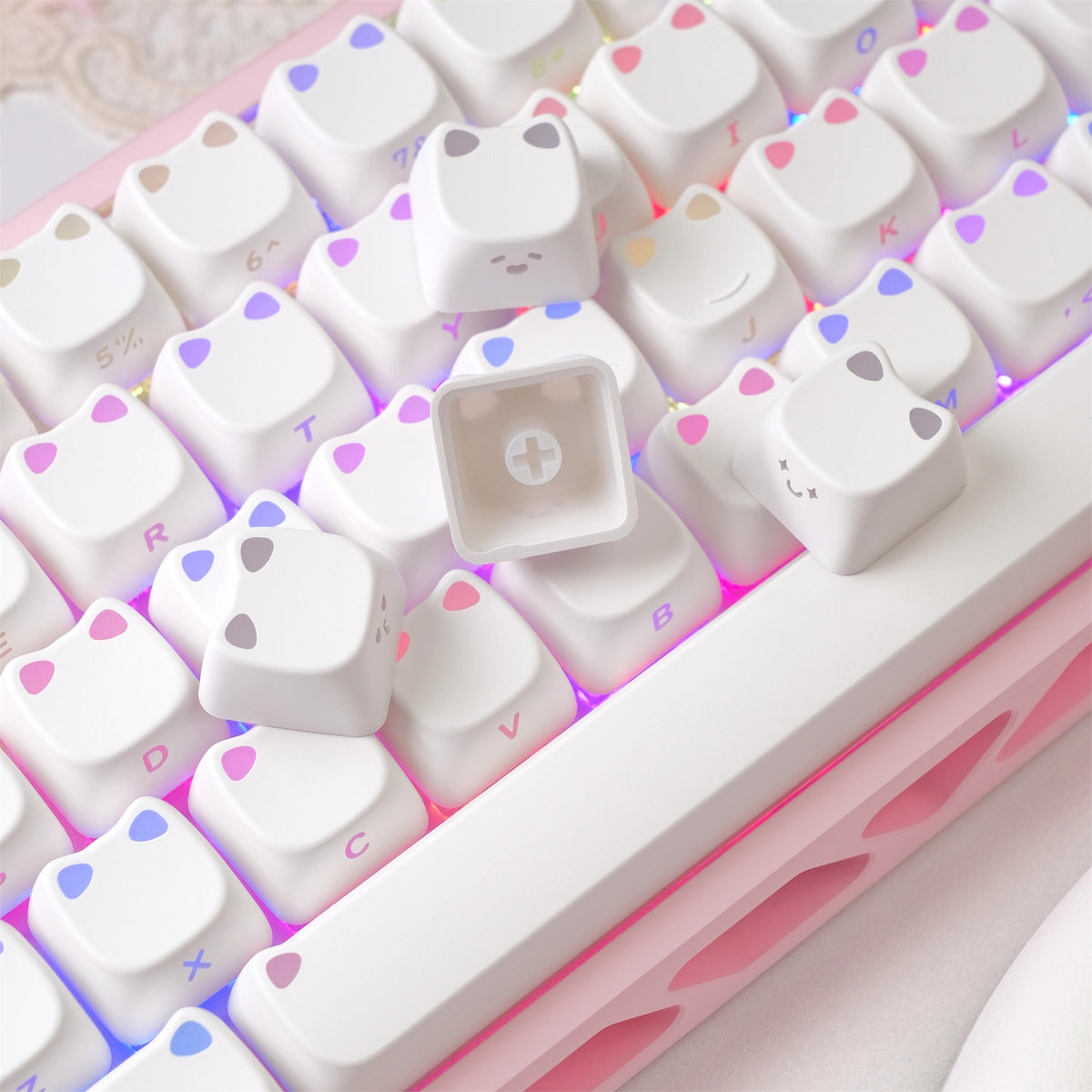 White Cat Ear Keycaps showing side legends and cross-stem mount