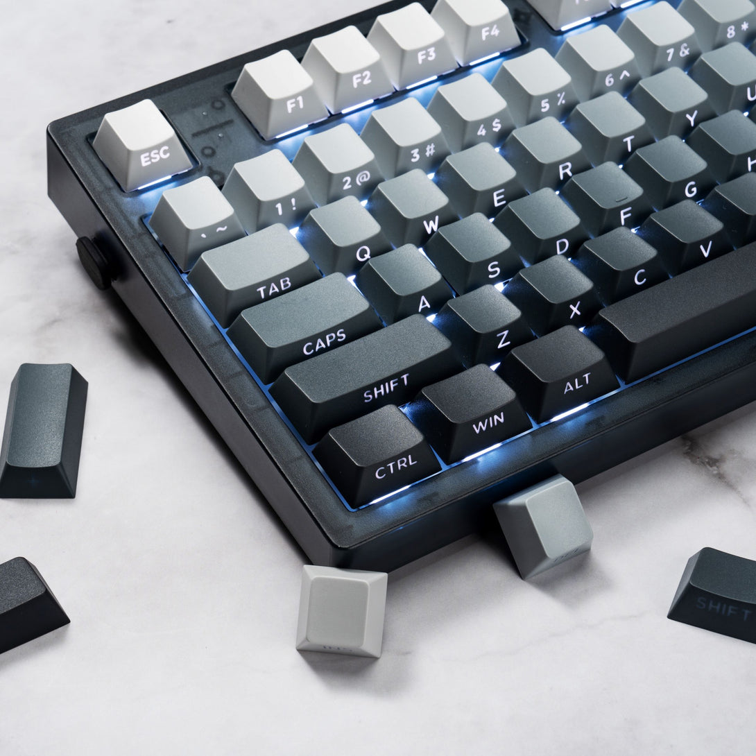 DigAura Gradient Series Keycaps -87% Layout, 61% Layout, 64% Layout, 68% Layout, 75% Layout, 84% Layout, 99% Layout, TKL, PBT, PC, Side-printed Legends, Standard Cherry profile, Side-printed, Double shot-Gradient Gray, left side
