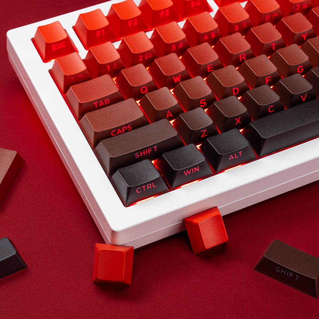 DigAura Gradient Series Keycaps -87% Layout, 61% Layout, 64% Layout, 68% Layout, 75% Layout, 84% Layout, 99% Layout, TKL, PBT, PC, Side-printed Legends, Standard Cherry profile, Side-printed, Double shot-Gradient Red, left side
