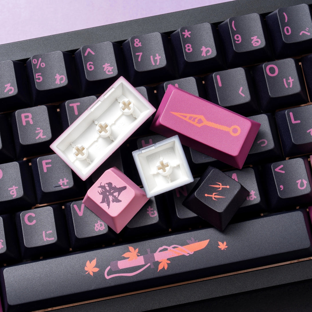 DigAura Ninja Japanese Keycaps-61% Layout, 64% Layout, 68% Layout, 75% Layout, 98% Layout, 100% Layout, 104% Layout, ANSI, TKL, PBT, 1.75mm Thickness, Standard Cherry profile, 127keys, Five-sided Dye-subbed-Black & Pink, Detail