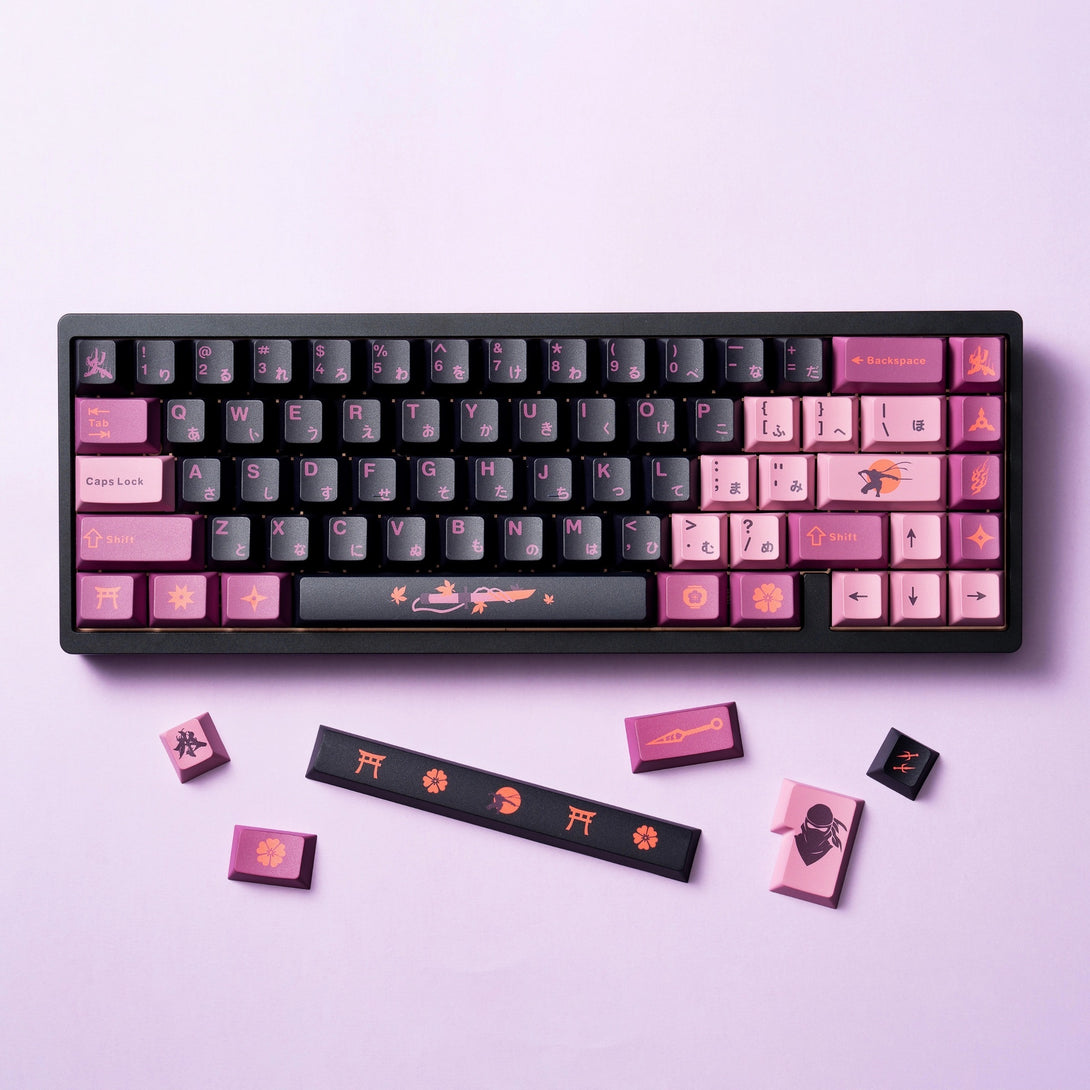 DigAura Ninja Japanese Keycaps-61% Layout, 64% Layout, 68% Layout, 75% Layout, 98% Layout, 100% Layout, 104% Layout, ANSI, TKL, PBT, 1.75mm Thickness, Standard Cherry profile, 127keys, Five-sided Dye-subbed-Black & Pink, Front, Detail