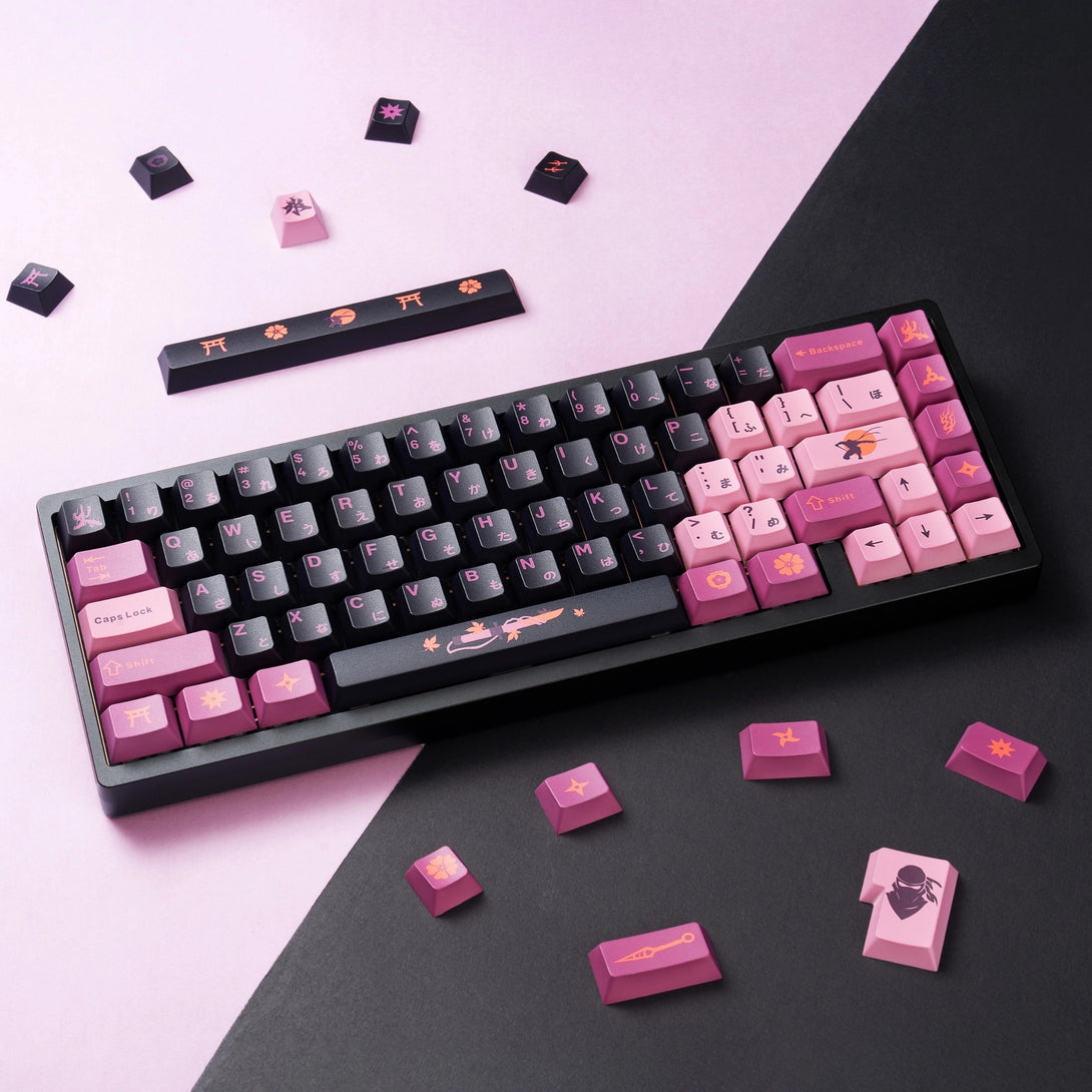 DigAura Ninja Japanese Keycaps-61% Layout, 64% Layout, 68% Layout, 75% Layout, 98% Layout, 100% Layout, 104% Layout, ANSI, TKL, PBT, 1.75mm Thickness, Standard Cherry profile, 127keys, Five-sided Dye-subbed-Black & Pink, Front