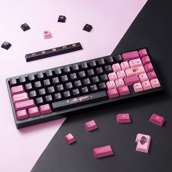 DigAura Ninja Japanese Keycaps-61% Layout, 64% Layout, 68% Layout, 75% Layout, 98% Layout, 100% Layout, 104% Layout, ANSI, TKL, PBT, 1.75mm Thickness, Standard Cherry profile, 127keys, Five-sided Dye-subbed-Black & Pink, Front