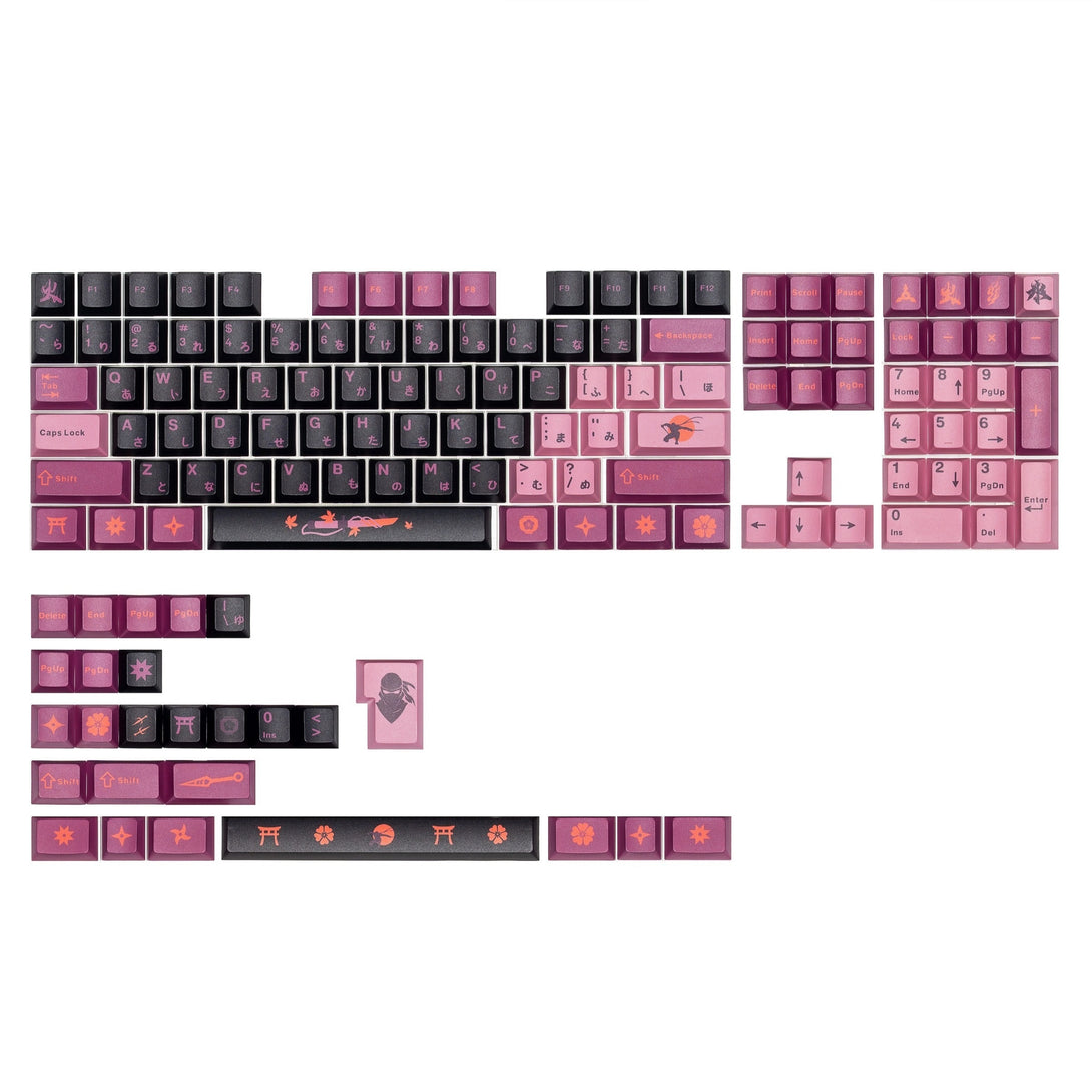DigAura Ninja Japanese Keycaps-61% Layout, 64% Layout, 68% Layout, 75% Layout, 98% Layout, 100% Layout, 104% Layout, ANSI, TKL, PBT, 1.75mm Thickness, Standard Cherry profile, 127keys, Five-sided Dye-subbed-Black & Pink