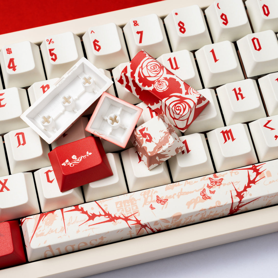 DigAura Thorn Rose Keycaps-61% Layout, 64% Layout, 68% Layout, 75% Layout, 98% Layout, 100% Layout, 108% Layout, ANSI, TKL, PBT, 1.7mm Thickness, Standard Cherry profile, 127keys, Five-sided Dye-subbed-Red & White, Detail