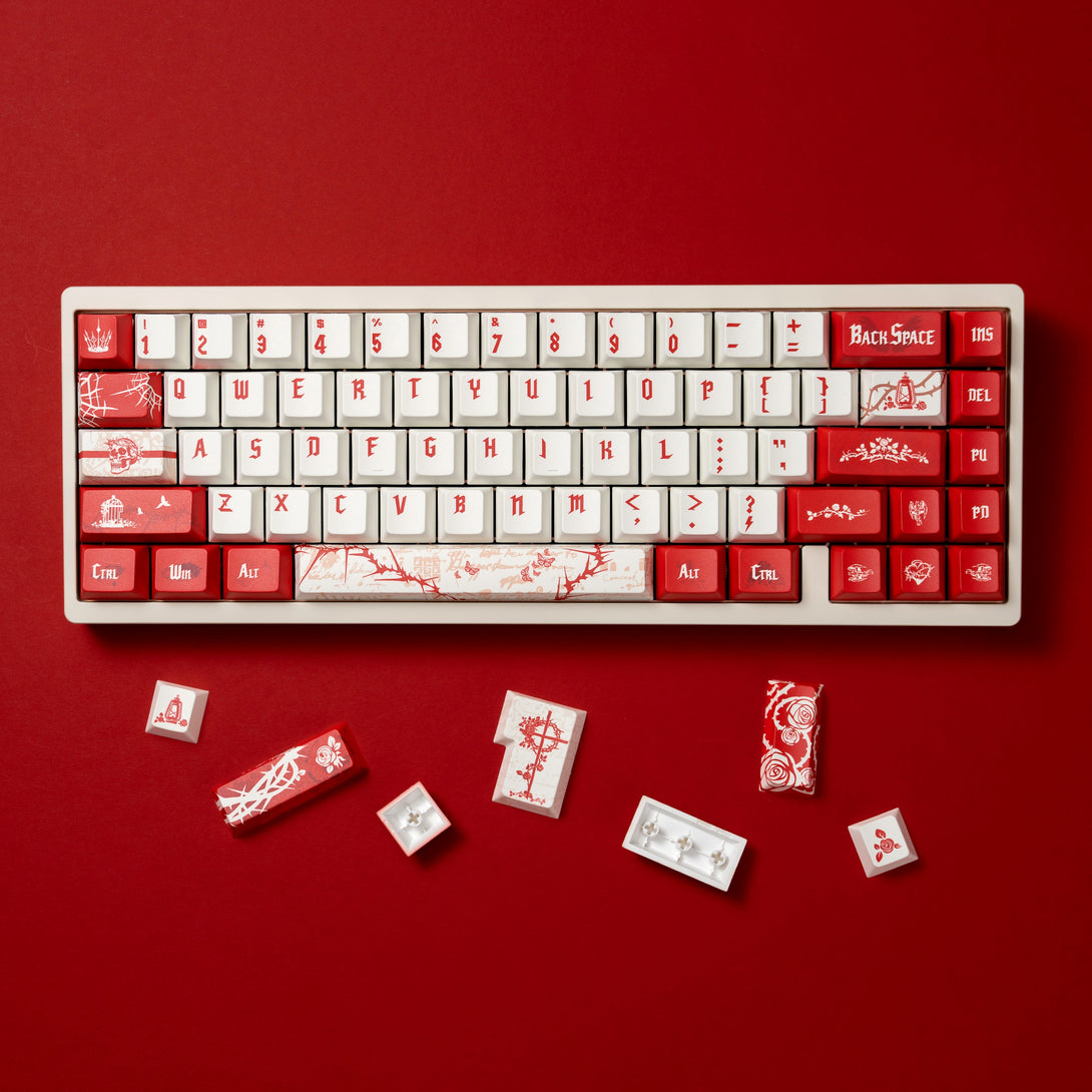 DigAura Thorn Rose Keycaps-61% Layout, 64% Layout, 68% Layout, 75% Layout, 98% Layout, 100% Layout, 108% Layout, ANSI, TKL, PBT, 1.7mm Thickness, Standard Cherry profile, 127keys, Five-sided Dye-subbed-Red & White, Front, detail