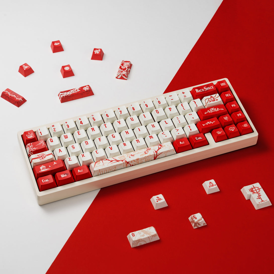 DigAura Thorn Rose Keycaps-61% Layout, 64% Layout, 68% Layout, 75% Layout, 98% Layout, 100% Layout, 108% Layout, ANSI, TKL, PBT, 1.7mm Thickness, Standard Cherry profile, 127keys, Five-sided Dye-subbed-Red & White, Front