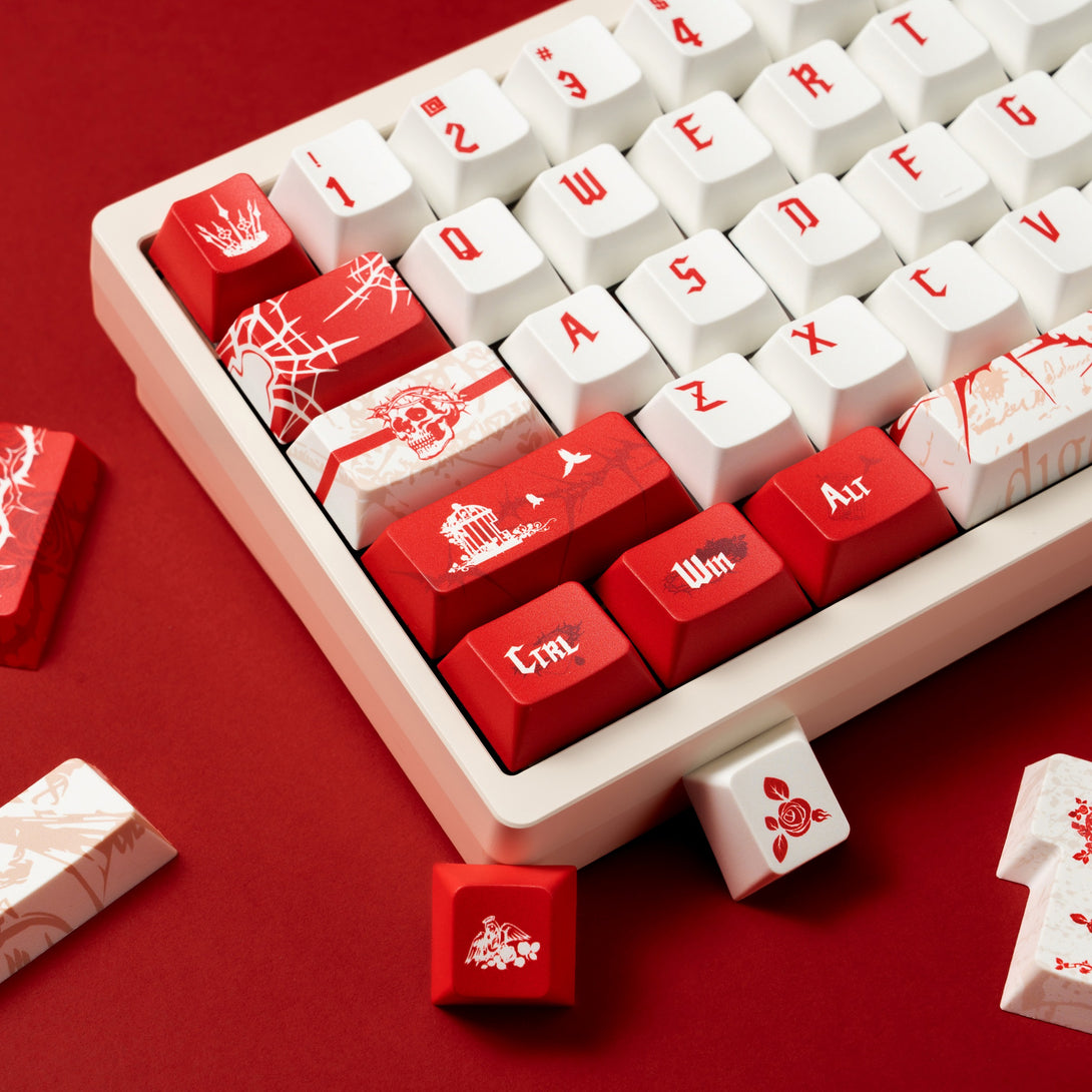 DigAura Thorn Rose Keycaps-61% Layout, 64% Layout, 68% Layout, 75% Layout, 98% Layout, 100% Layout, 108% Layout, ANSI, TKL, PBT, 1.7mm Thickness, Standard Cherry profile, 127keys, Five-sided Dye-subbed-Red & White, Left
