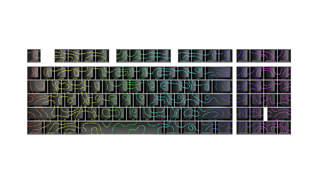 DigAura Topographic Keycaps -87% Layout, 61% Layout, 64% Layout, 68% Layout, 75% Layout, 84% Layout, 60% Layout, ANSI, TKL, PBT, 1.5mm Thickness, Side-printed Legends, Standard Cherry profile, Side-printed, Double shot-Black, full view