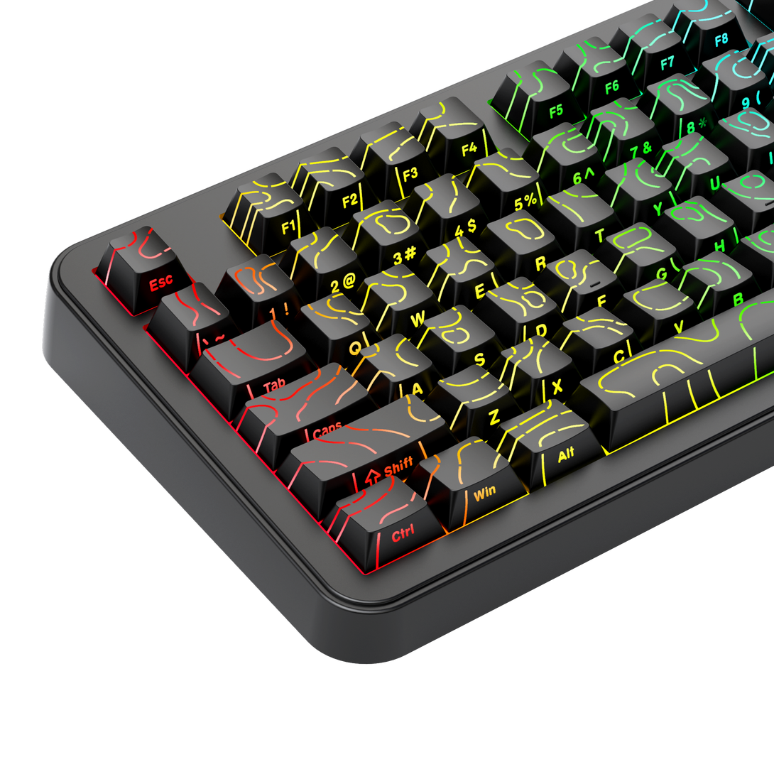 DigAura Topographic Keycaps -87% Layout, 61% Layout, 64% Layout, 68% Layout, 75% Layout, 84% Layout, 60% Layout, ANSI, TKL, PBT, 1.5mm Thickness, Side-printed Legends, Standard Cherry profile, Side-printed, Double shot-Black, left side, detail