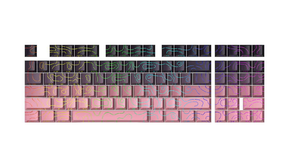 DigAura Topographic Keycaps -87% Layout, 61% Layout, 64% Layout, 68% Layout, 75% Layout, 84% Layout, 60% Layout, ANSI, TKL, PBT, 1.5mm Thickness, Side-printed Legends, Standard Cherry profile, Side-printed, Double shot-Gradient Pink, full view