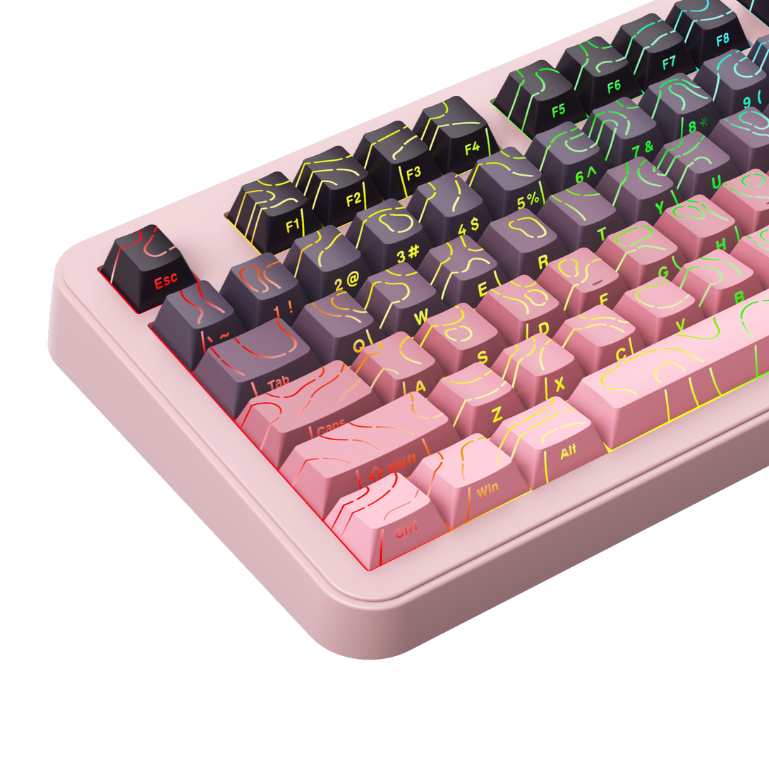 DigAura Topographic Keycaps -87% Layout, 61% Layout, 64% Layout, 68% Layout, 75% Layout, 84% Layout, 60% Layout, ANSI, TKL, PBT, 1.5mm Thickness, Side-printed Legends, Standard Cherry profile, Side-printed, Double shot-Gradient Pink, left side, detail