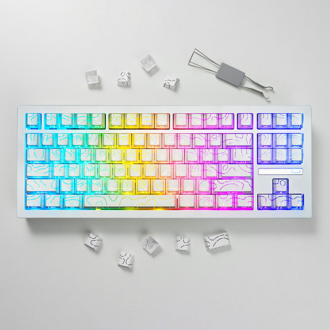DigAura Topographic Keycaps -87% Layout, 61% Layout, 64% Layout, 68% Layout, 75% Layout, 84% Layout, 60% Layout, ANSI, TKL, PBT, 1.5mm Thickness, Side-printed Legends, Standard Cherry profile, Side-printed, Double shot-White, front, light on