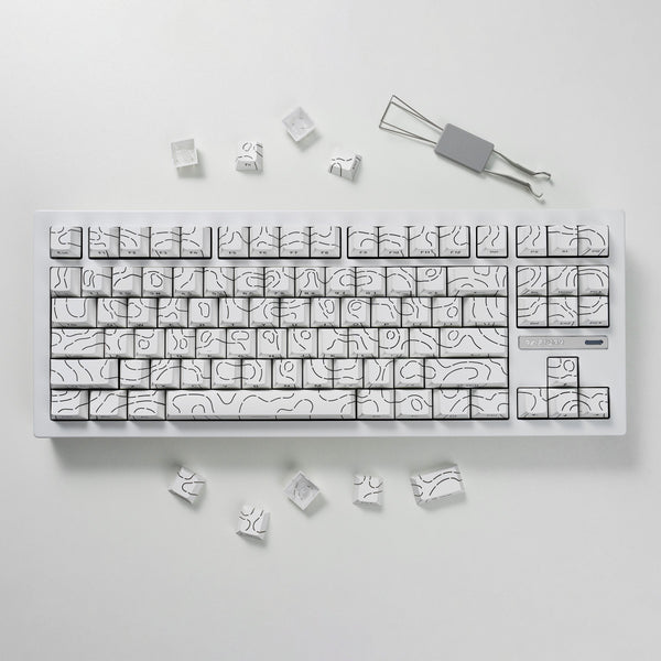 DigAura Topographic Keycaps -87% Layout, 61% Layout, 64% Layout, 68% Layout, 75% Layout, 84% Layout, 60% Layout, ANSI, TKL, PBT, 1.5mm Thickness, Side-printed Legends, Standard Cherry profile, Side-printed, Double shot-White, front