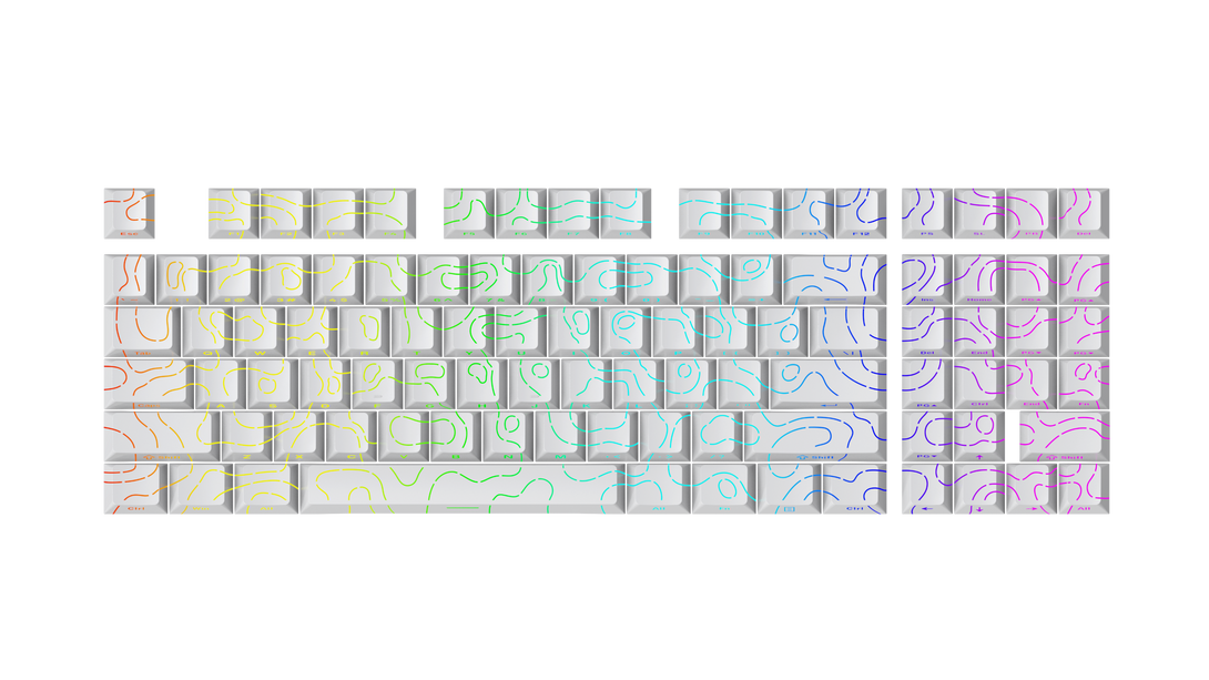 DigAura Topographic Keycaps -87% Layout, 61% Layout, 64% Layout, 68% Layout, 75% Layout, 84% Layout, 60% Layout, ANSI, TKL, PBT, 1.5mm Thickness, Side-printed Legends, Standard Cherry profile, Side-printed, Double shot-White, full view