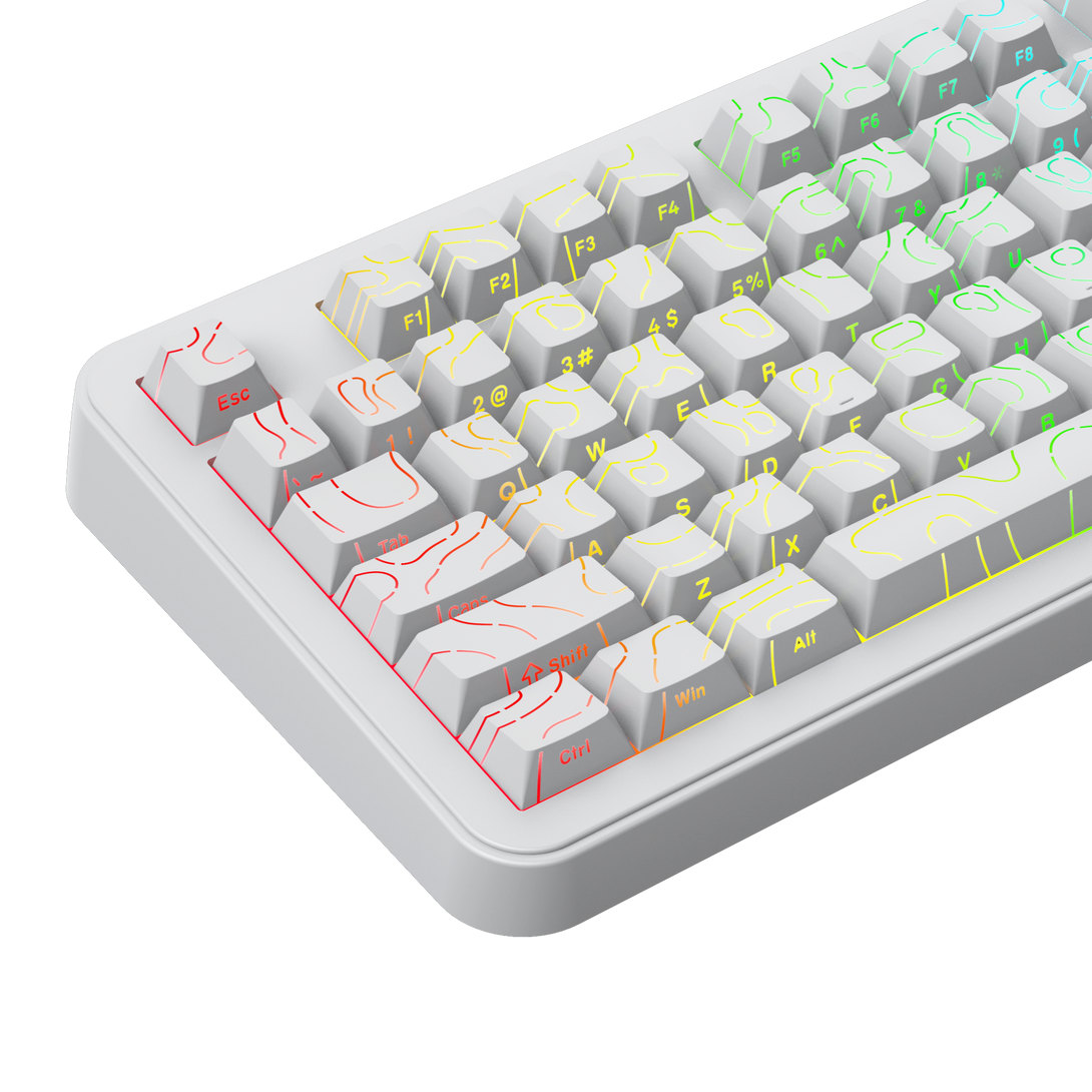 DigAura Topographic Keycaps -87% Layout, 61% Layout, 64% Layout, 68% Layout, 75% Layout, 84% Layout, 60% Layout, ANSI, TKL, PBT, 1.5mm Thickness, Side-printed Legends, Standard Cherry profile, Side-printed, Double shot-White, left side, detail