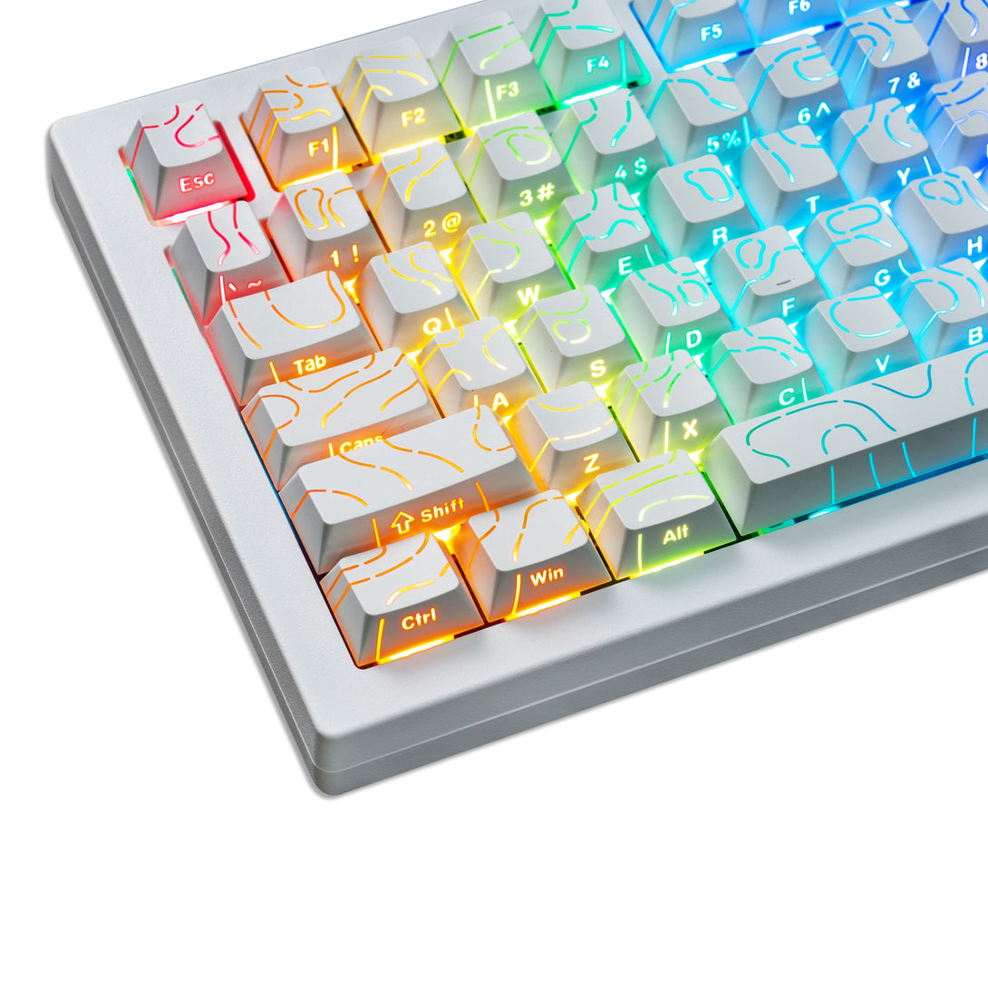 DigAura Topographic Keycaps -87% Layout, 61% Layout, 64% Layout, 68% Layout, 75% Layout, 84% Layout, 60% Layout, ANSI, TKL, PBT, 1.5mm Thickness, Side-printed Legends, Standard Cherry profile, Side-printed, Double shot-White, left side,light on