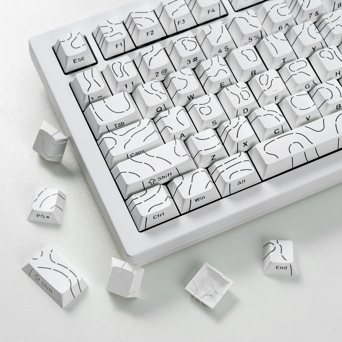DigAura Topographic Keycaps -87% Layout, 61% Layout, 64% Layout, 68% Layout, 75% Layout, 84% Layout, 60% Layout, ANSI, TKL, PBT, 1.5mm Thickness, Side-printed Legends, Standard Cherry profile, Side-printed, Double shot-White, left side